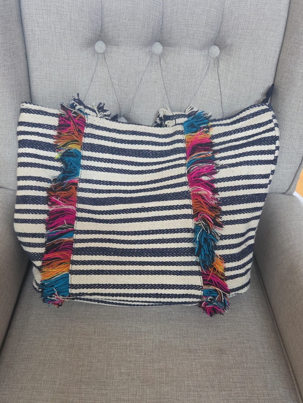 Magid Striped Navy & White Tote with Multicolor Fringe